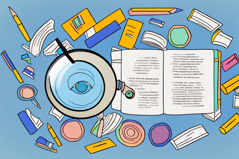 A pile of diverse books with a magnifying glass on top