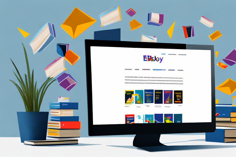 A stack of various types of books next to a computer displaying the ebay homepage