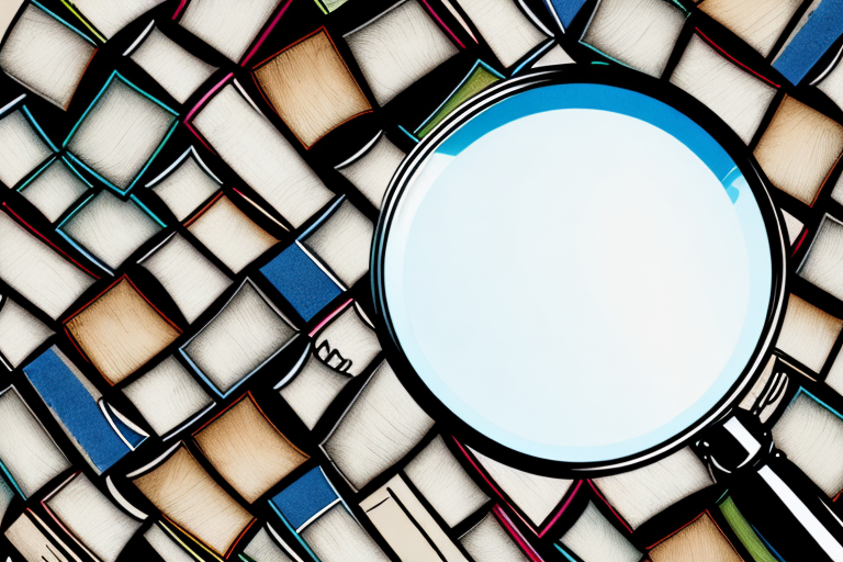 A magnifying glass hovering over a pile of assorted used books