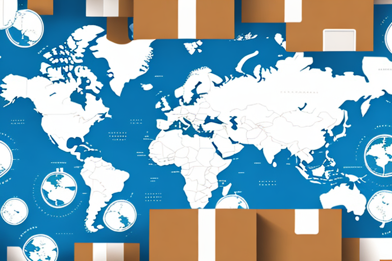 A variety of shipping boxes with world map in the background