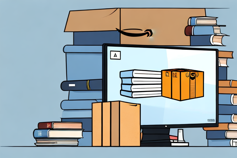 A stack of various types of books next to an amazon delivery box