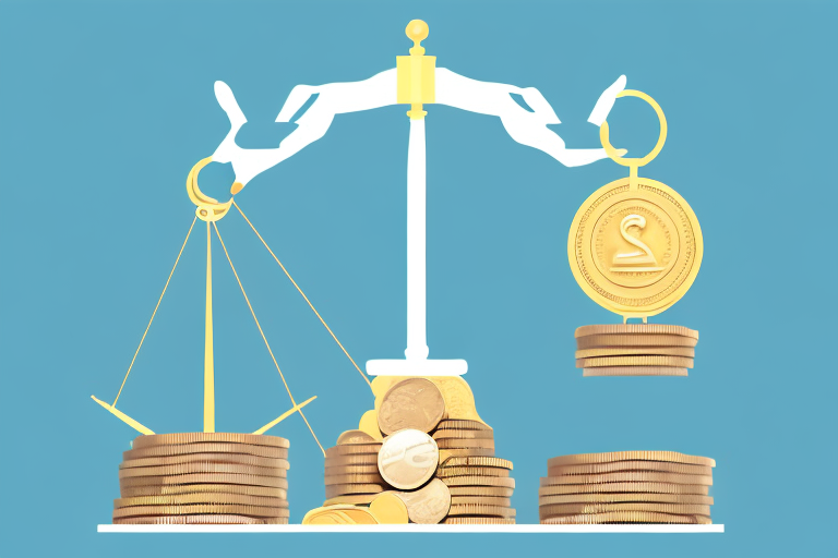 A scale balancing a pile of coins and an ebay-styled auction gavel