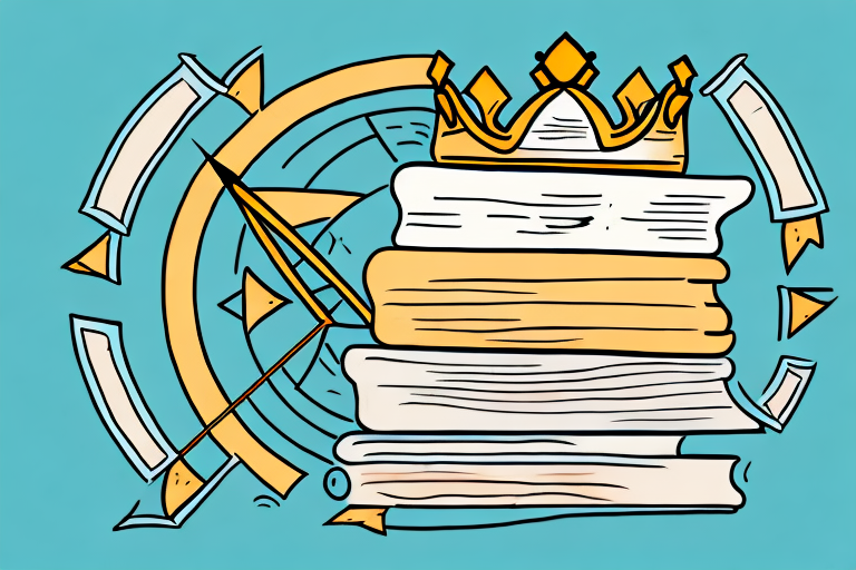 A stack of various books with an amazon-themed arrow circling around it