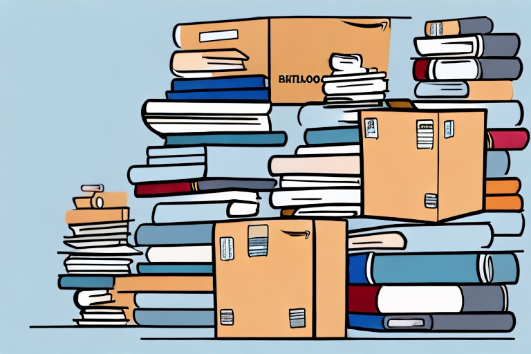 A stack of various types of books with an amazon-style shipping box nearby