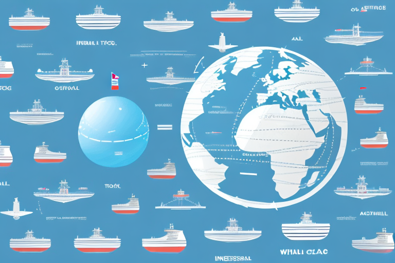 A globe with various types of shipping vehicles (like a cargo ship