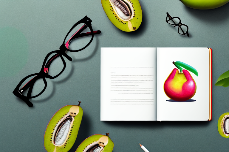 A pair of reading glasses resting on an open book with a pango fruit (a tropical fruit) next to it