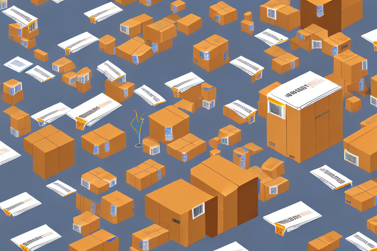 A warehouse filled with various products and amazon-branded shipping boxes