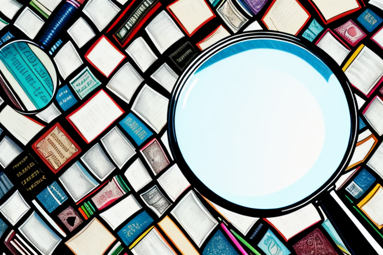 A magnifying glass hovering over a pile of assorted books