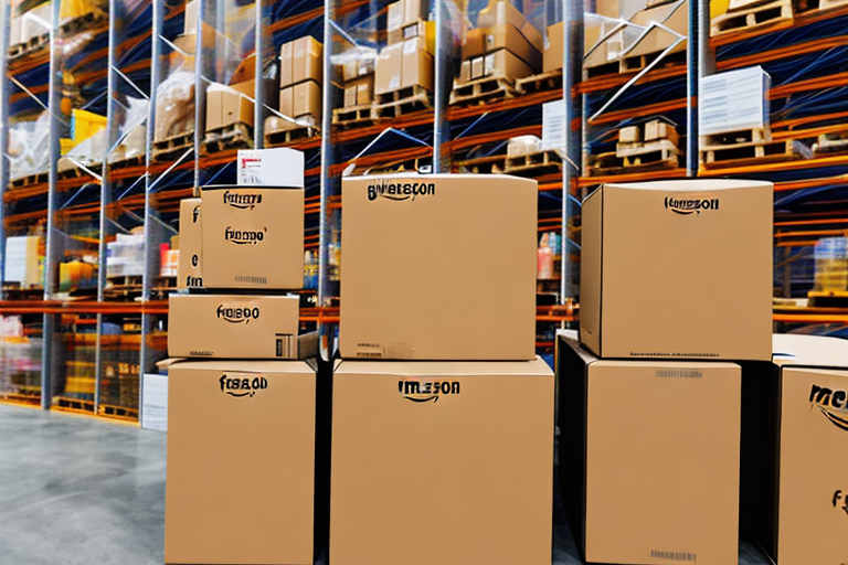 A warehouse with amazon-branded boxes being prepared for shipment