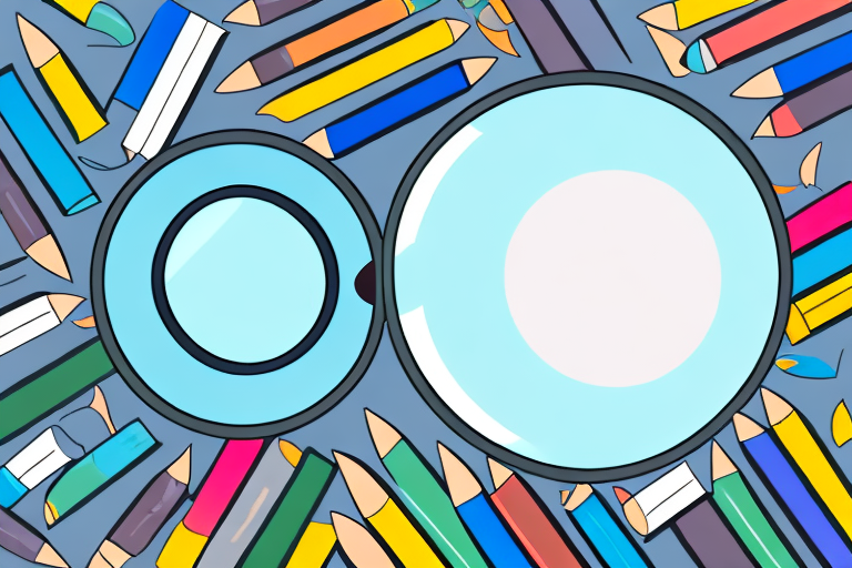 A magnifying glass hovering over a pile of variously sized and colored books