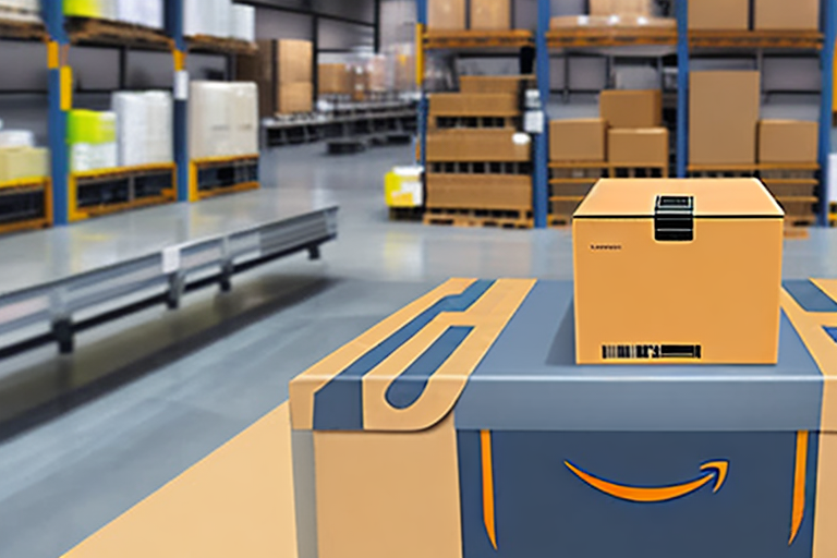 An amazon parcel box on a conveyor belt in a warehouse