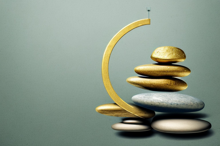 A serene zen garden with a balance scale in the center