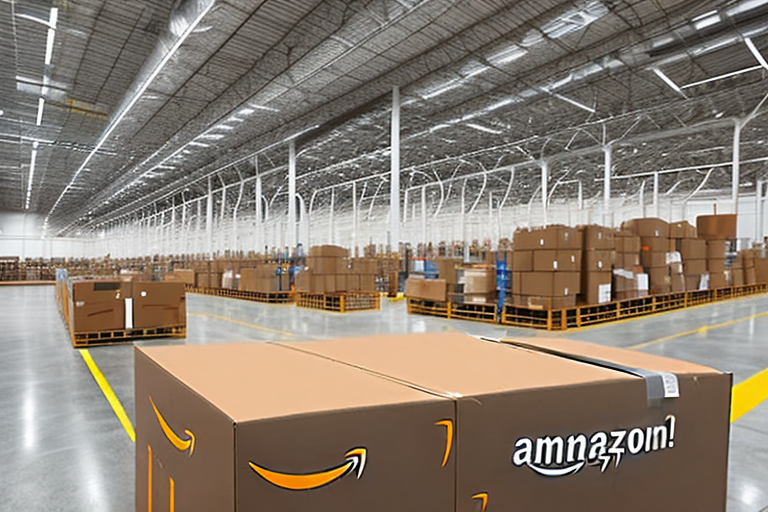 An amazon warehouse with conveyor belts carrying boxes