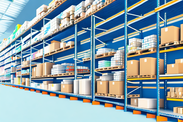 A well-organized warehouse with rows of shelves filled with boxes