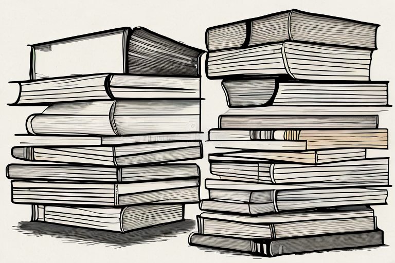 A stack of various used books next to a stylized