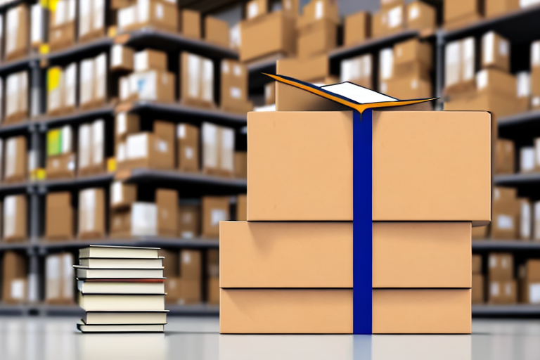 A stack of textbooks next to a cardboard box with a simplified amazon arrow (without the logo or words) on it