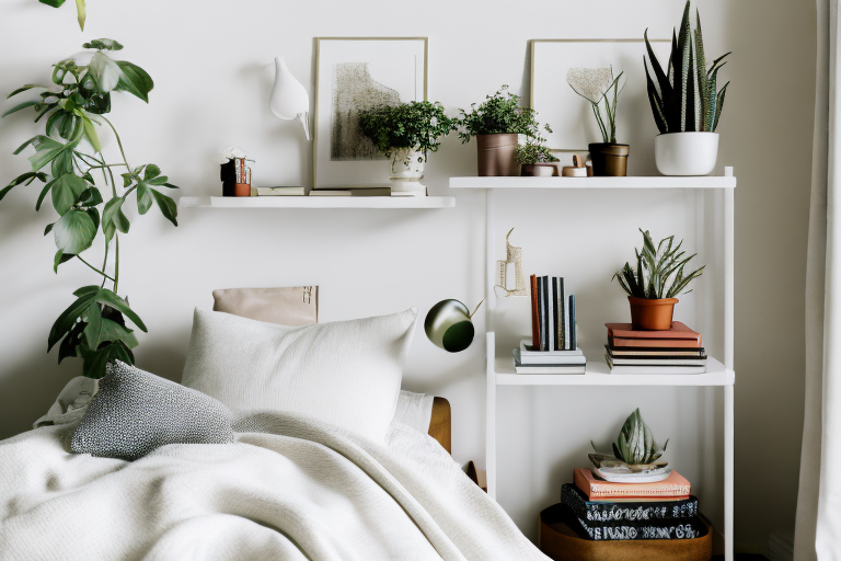 A cozy bedroom scene showcasing ten different small and stylish shelves filled with various items like books