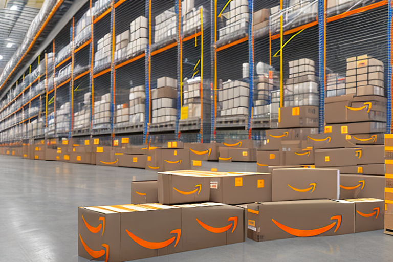 An amazon warehouse with various boxed goods marked with a tag symbolizing 'reserved'