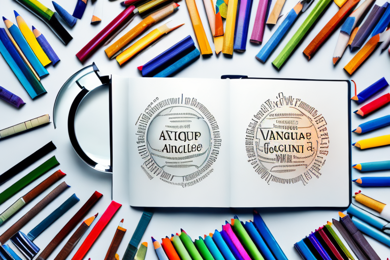 A magnifying glass hovering over a stack of variously sized and colored books