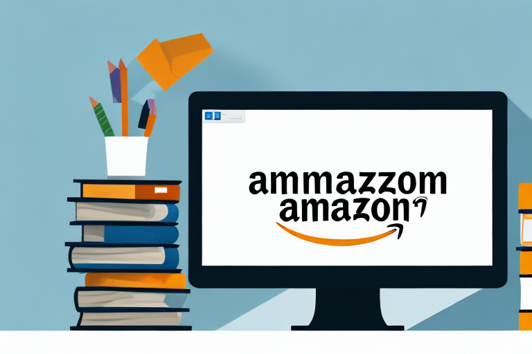 A stack of various books next to a computer with the amazon website displayed on the screen