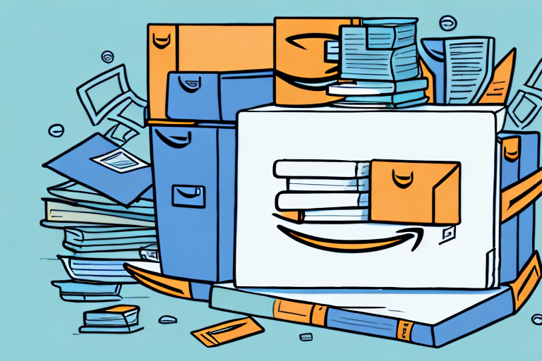 A stack of textbooks beside a stylized amazon box