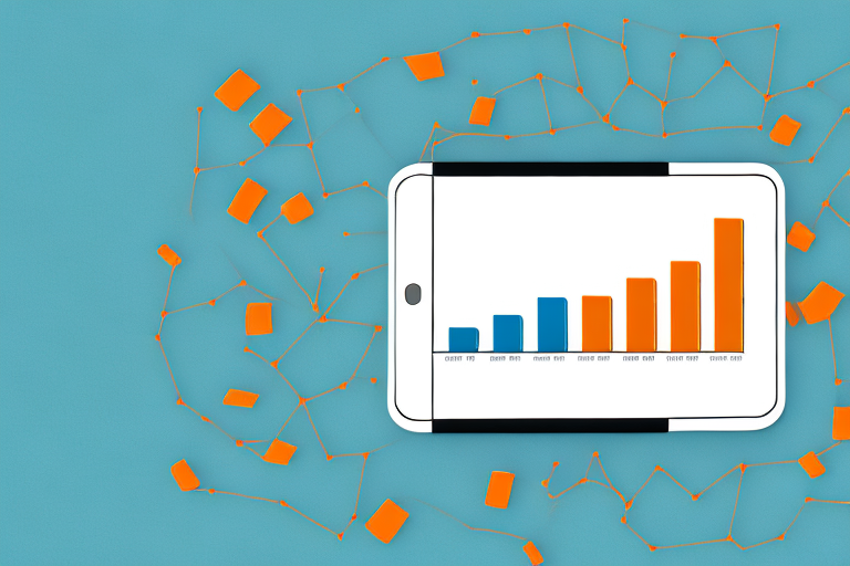 A digital tablet displaying a bar graph showing growth in sales