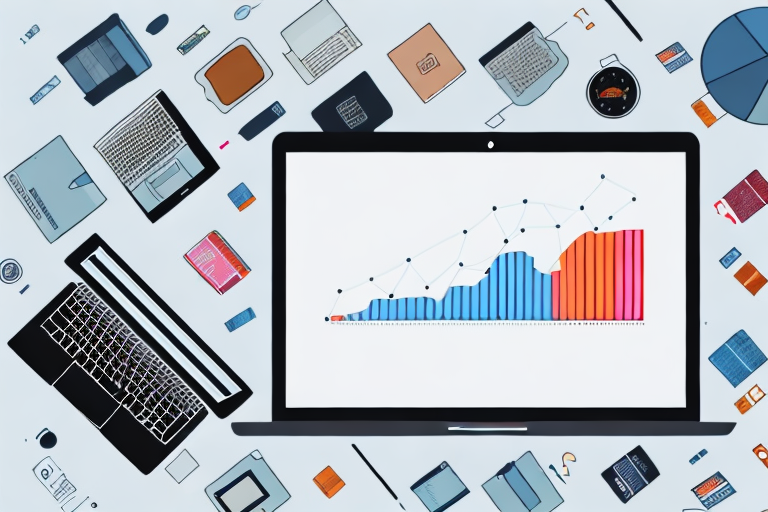 A laptop displaying a simplified interface with bar graphs and charts