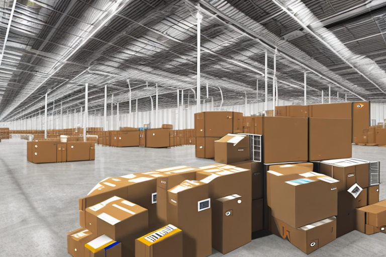 An amazon warehouse with boxes being delivered to it