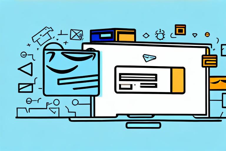 A computer screen showing an amazon product listing with a shipping box and a barcode