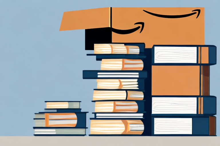 A stack of various books next to an amazon delivery box