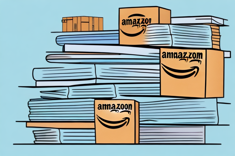 A stack of various books with a prominent amazon shipping box beside them