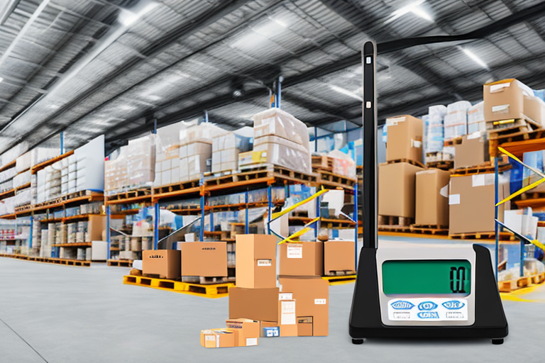 A warehouse full of various products with a balance scale in the foreground