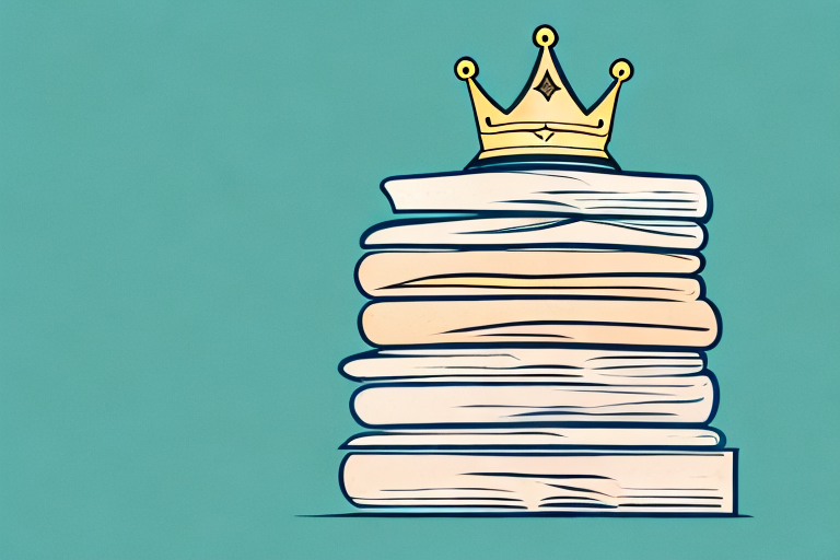 A towering stack of books with a crown on top