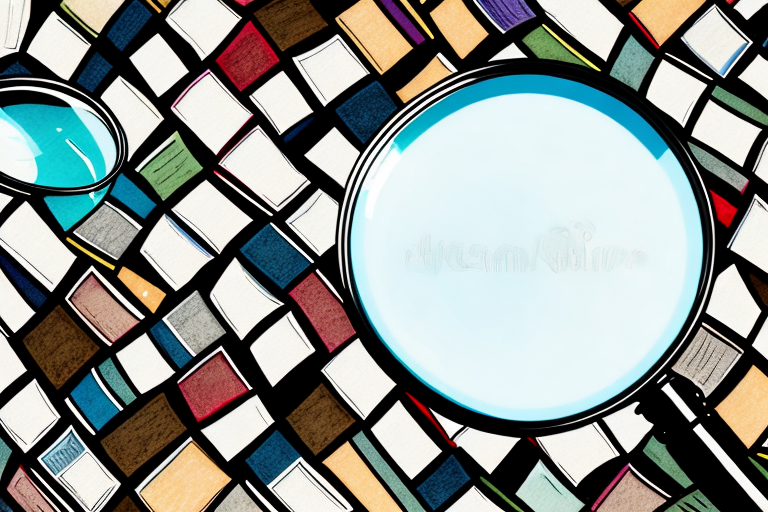 A magnifying glass hovering over a pile of various used books