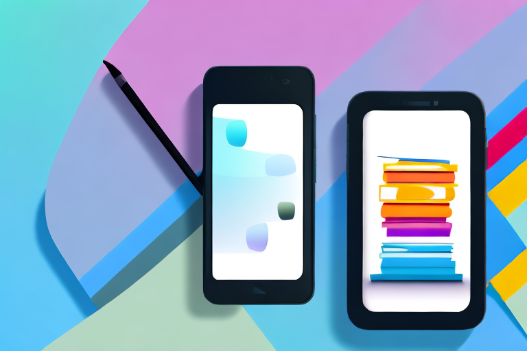 A stack of various types of books next to a smartphone displaying an abstract