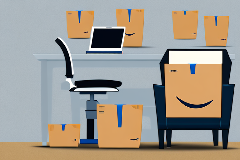 An empty office chair next to a cardboard box filled with desk items