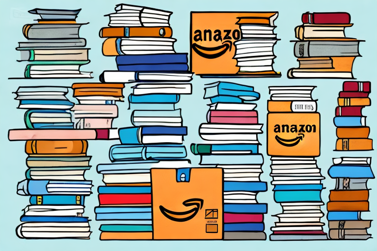 A pile of various books next to a stylized depiction of an amazon shipping box