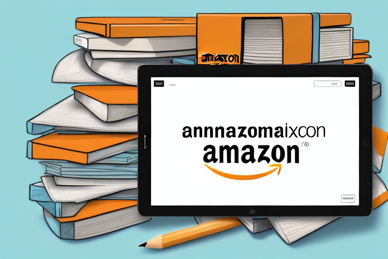 A stack of textbooks next to a stylized amazon box