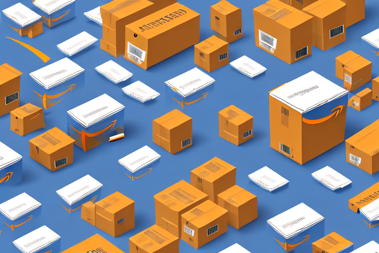 A warehouse with various products being packaged into amazon-branded boxes