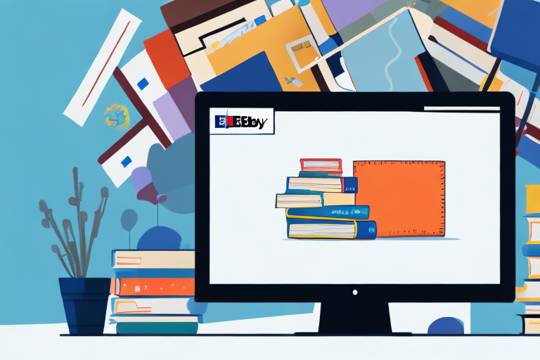 A stack of various types of books next to a computer with ebay's homepage on the screen