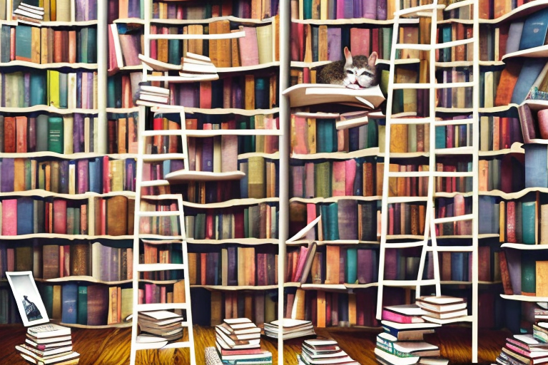 A whimsically cluttered bookstore interior with stacks of books