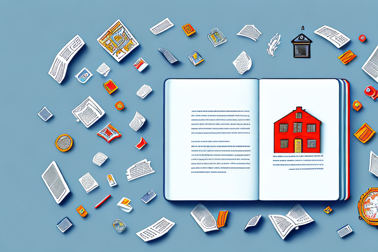 An open book with symbols of various selling items like a house