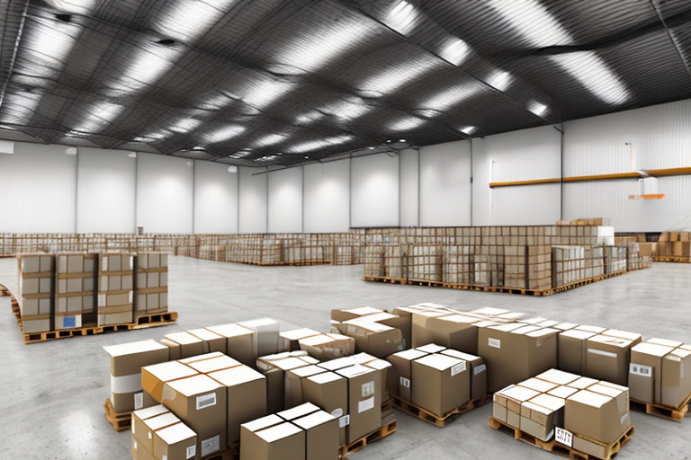 A warehouse with packages being sorted and prepared for shipment