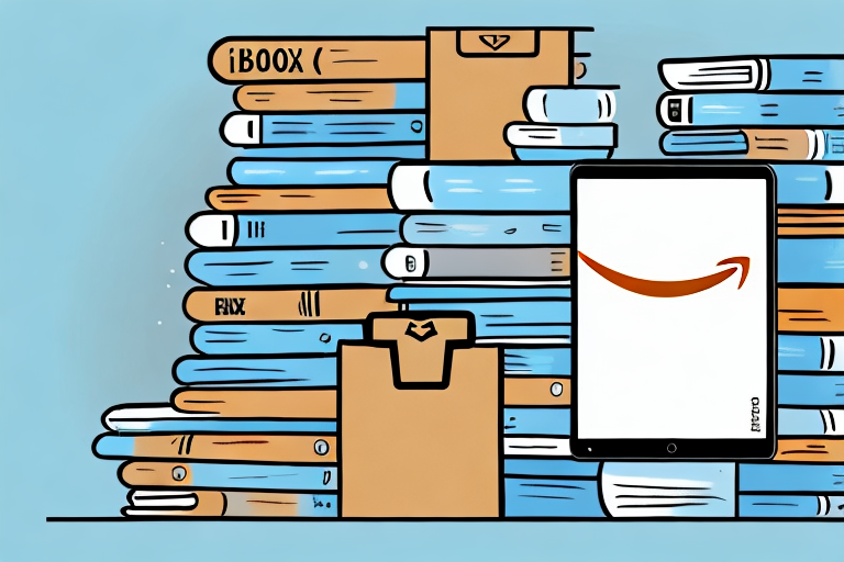 A stack of various types of books next to a stylized amazon delivery box