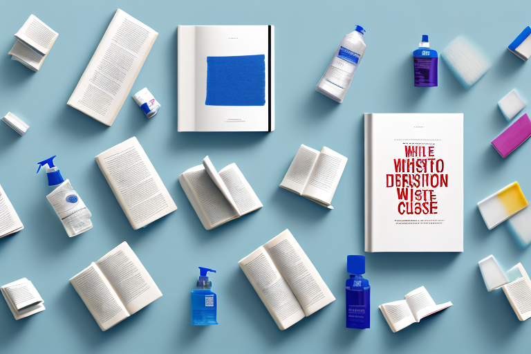 A variety of books being cleaned with disinfectant wipes and a spray bottle