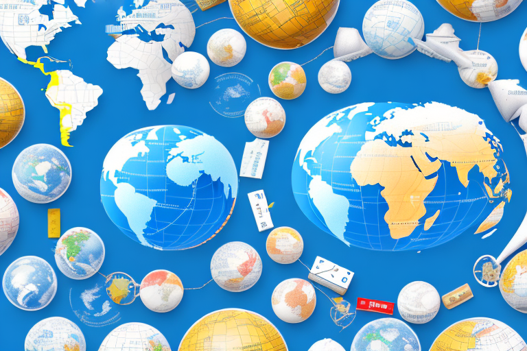 A world globe with different types of packages of varying sizes traveling from one country to another