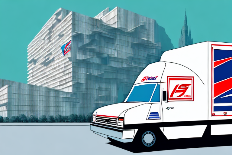 A usps delivery truck in front of a german architectural landmark with various sized packages around it