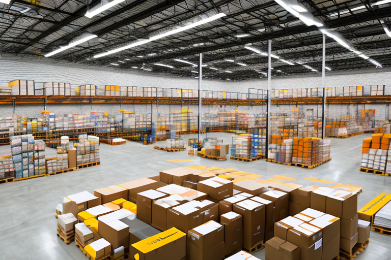 A warehouse full of packages with a conveyor belt