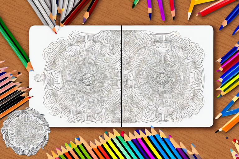 A coloring book open to a page of intricate designs