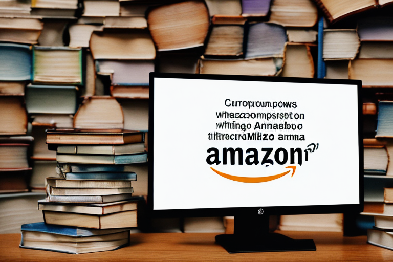 A stack of old books next to a computer screen displaying amazon's website